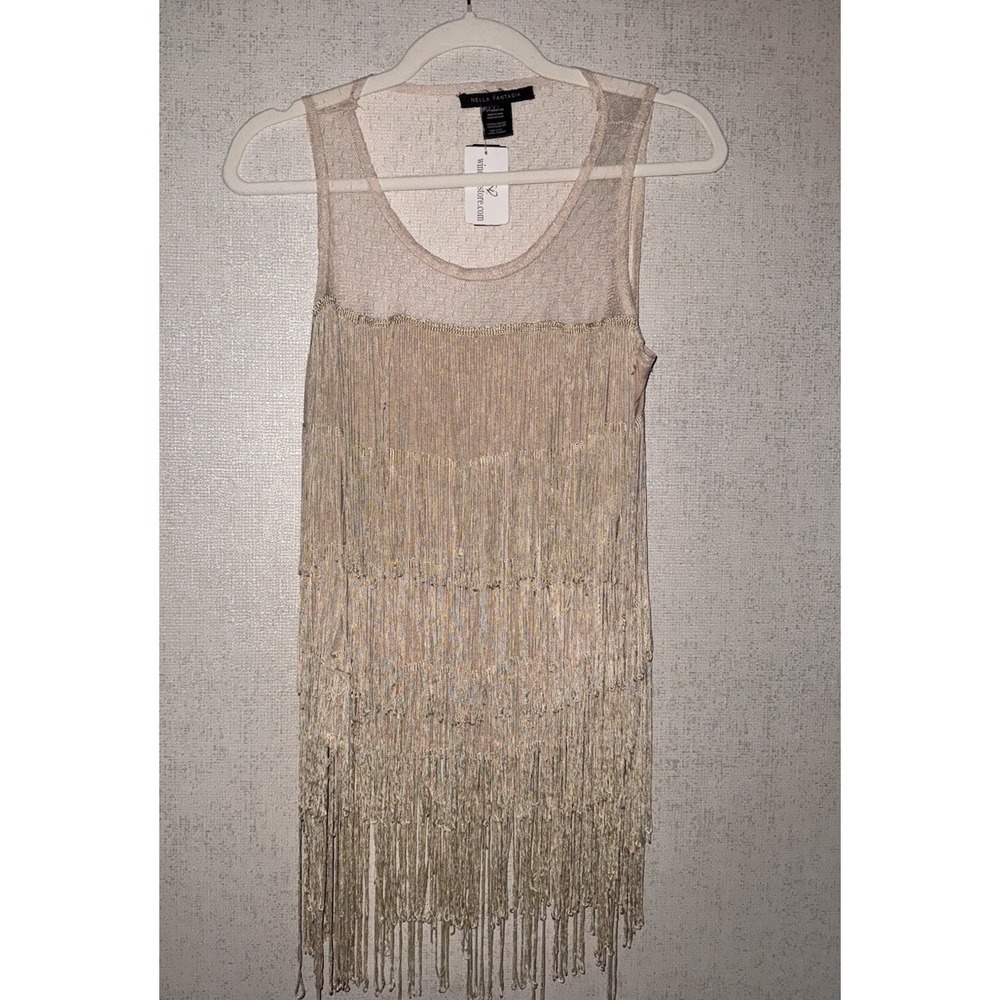 Ivory Fringe Flapper Boho Sleevleless Top Sheer Size Large